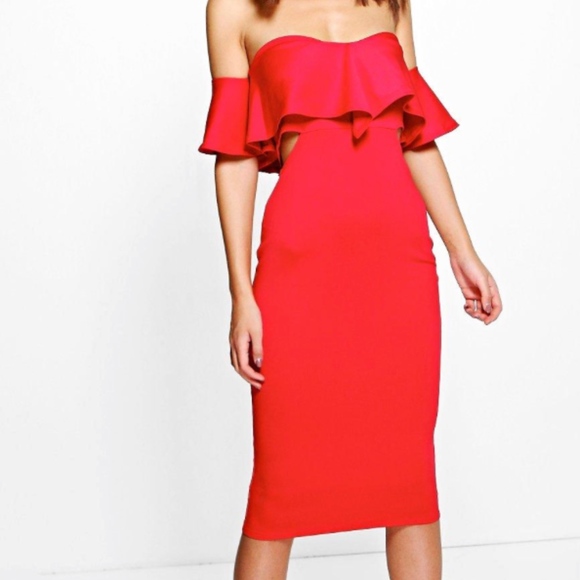 boohoo red frill dress